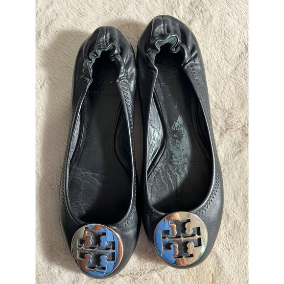 Tory Burch Womens Black Leather Minnie Travel Ballet Flats W/ Logo Medallion - Picture 2 of 10
